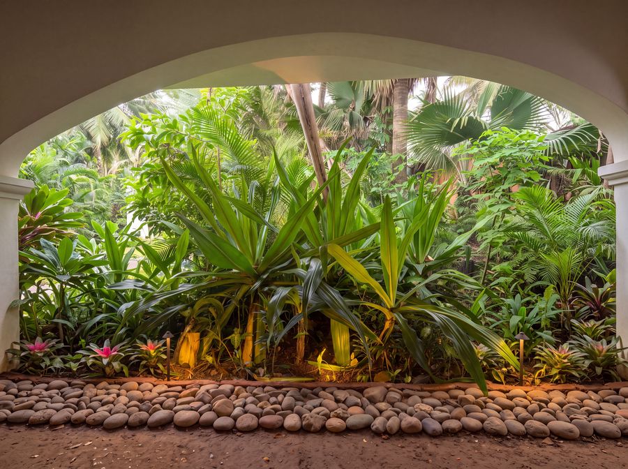 Arched courtyard — Tropical understorey, river-pebble mulch and uplighting