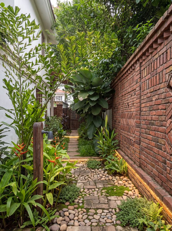 Side passage — Cobbled walk with shade planting against brick